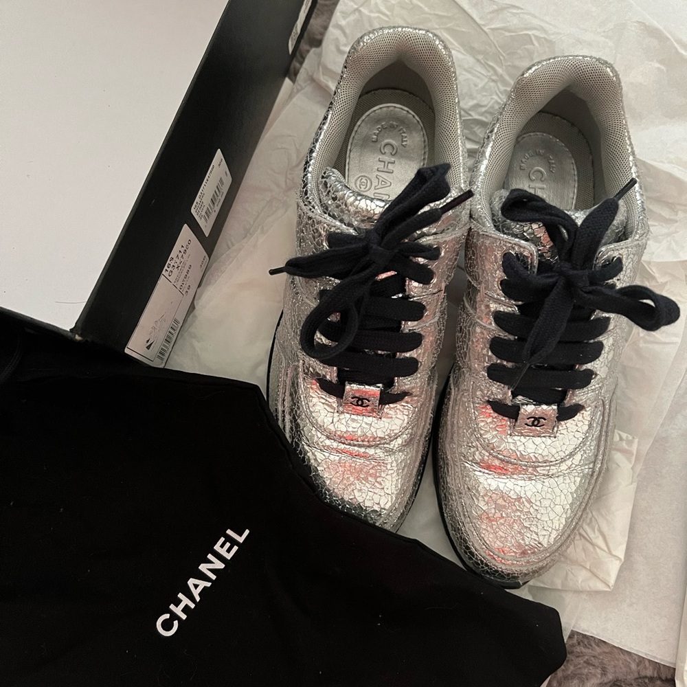 Chanel Metallic Crackled Calfskin CC Sneakers, size 39